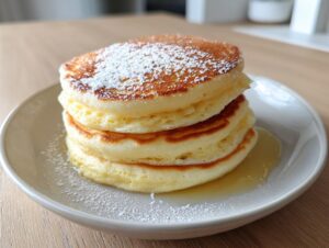 A stack of three thick, fluffy pancakes from scratch dusted with powdered sugar on a white plate.