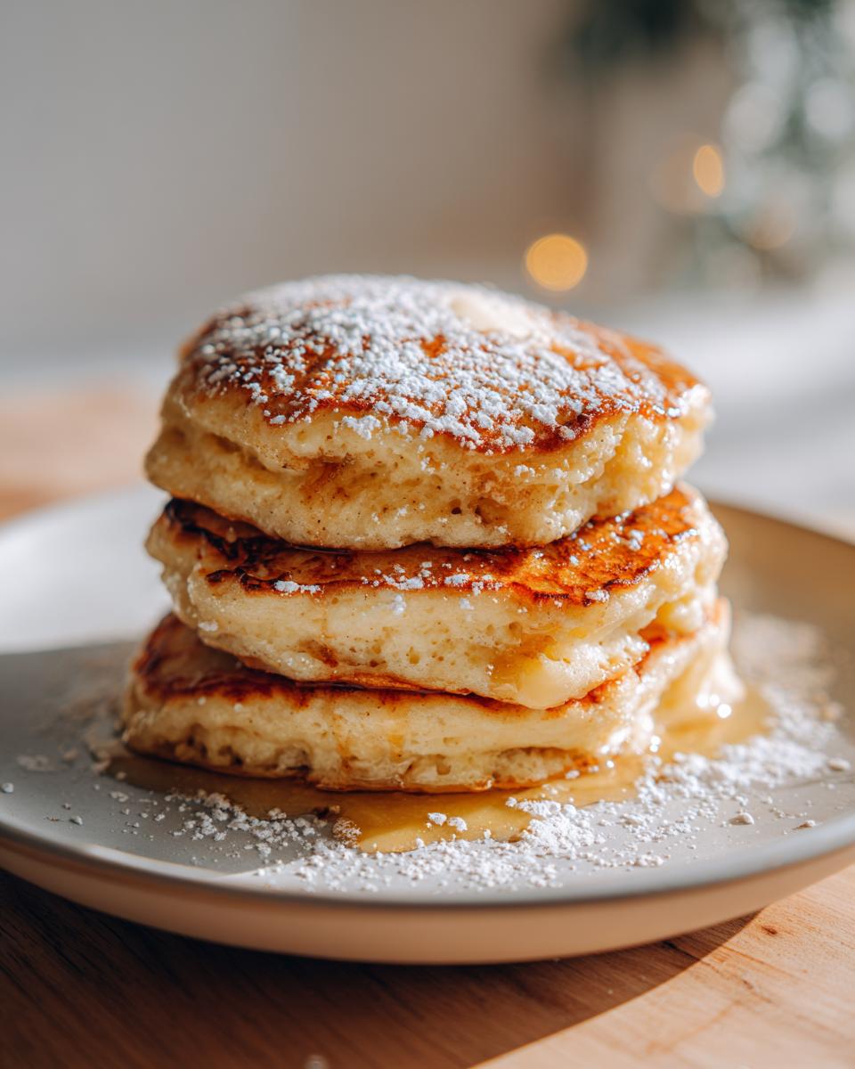 A stack of three fluffy pancakes from scratch drizzled with syrup and dusted with powdered sugar.