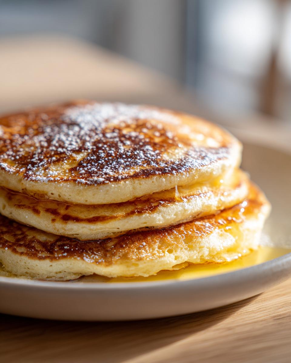 Close-up of a stack of three golden brown pancakes from scratch, drizzled with syrup and dusted with powdered sugar.
