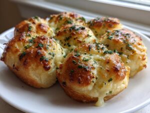 Close-up of freshly baked garlic cheese rolls with melted cheese oozing out and topped with chopped parsley.