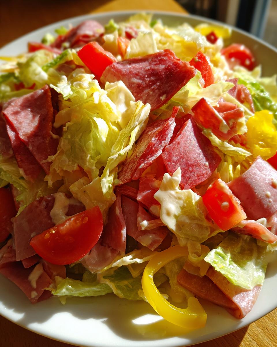 Close-up of a vibrant grinder salad featuring lettuce, salami, tomatoes, and creamy dressing on a white plate.