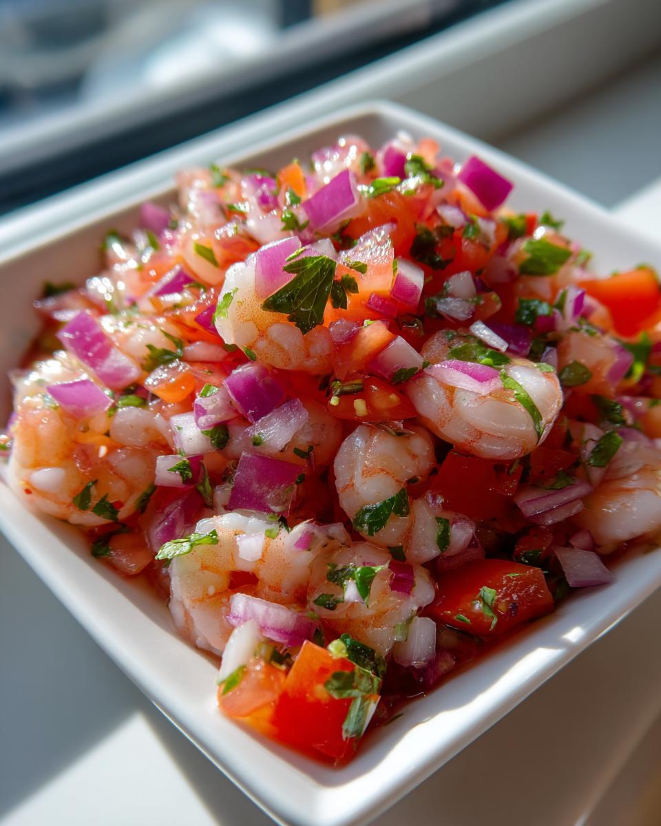 Close-up of a white bowl filled with bright Shrimp Ceviche featuring pink shrimp, diced red onion, and tomato.