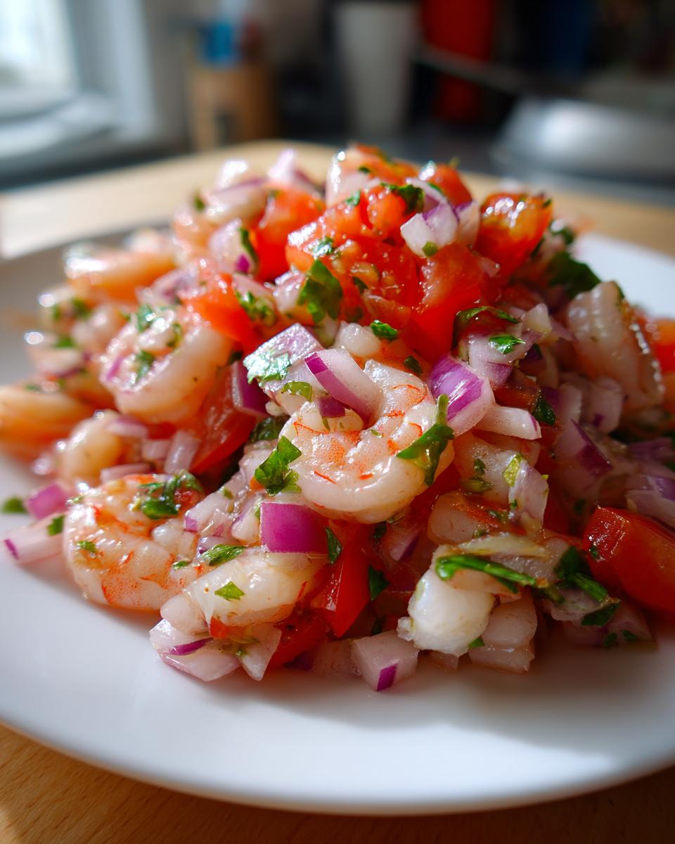 A vibrant, close-up shot of fresh Shrimp Ceviche featuring pink shrimp, diced red tomatoes, and purple onions on a white plate.