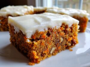 A close-up of a moist square of carrot cake bars topped with thick cream cheese frosting.