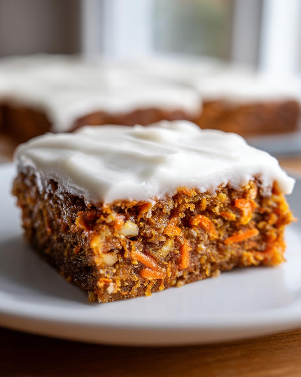 A close-up shot of a moist slice of carrot cake bars topped with thick cream cheese frosting.