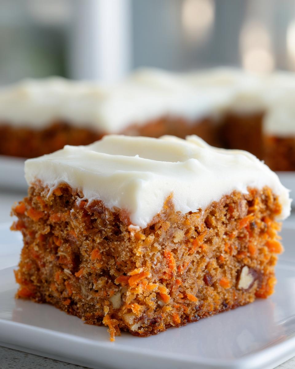 A close-up shot of a thick, moist slice of carrot cake bars topped with creamy white frosting.