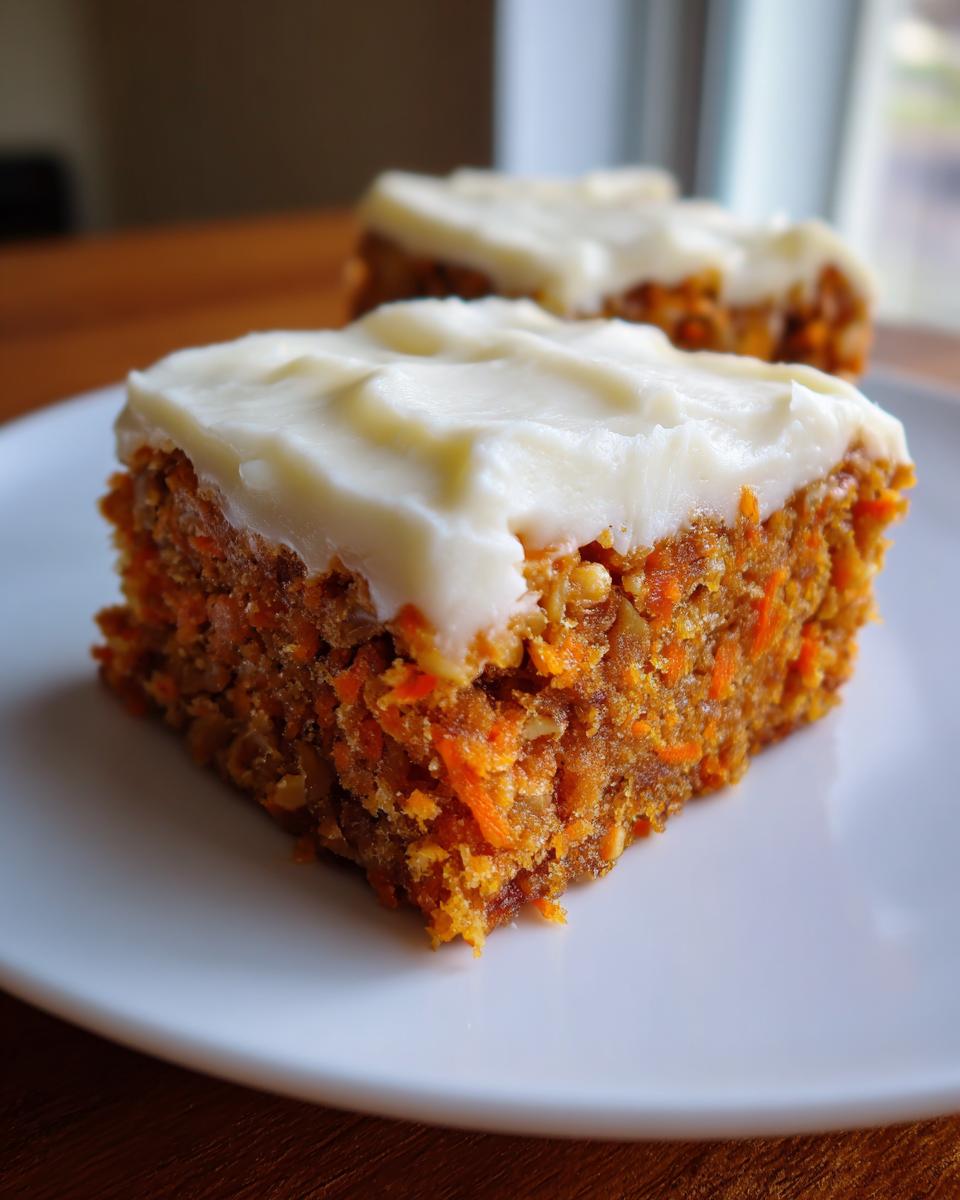 A close-up of a square slice of moist carrot cake bars topped with thick cream cheese frosting.