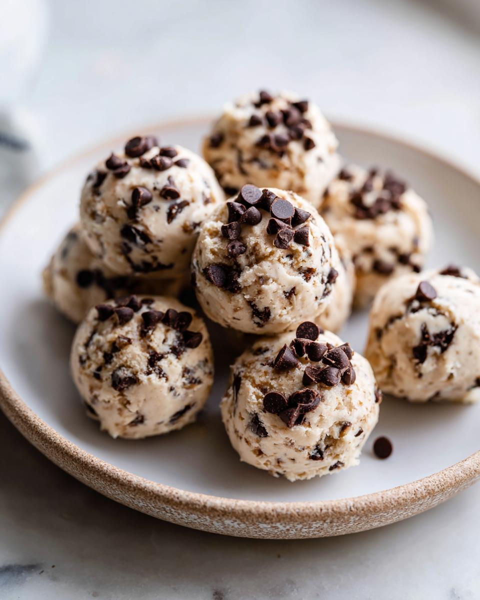 A pile of delicious frozen greek yogurt peanut butter bites topped with mini chocolate chips on a ceramic plate.