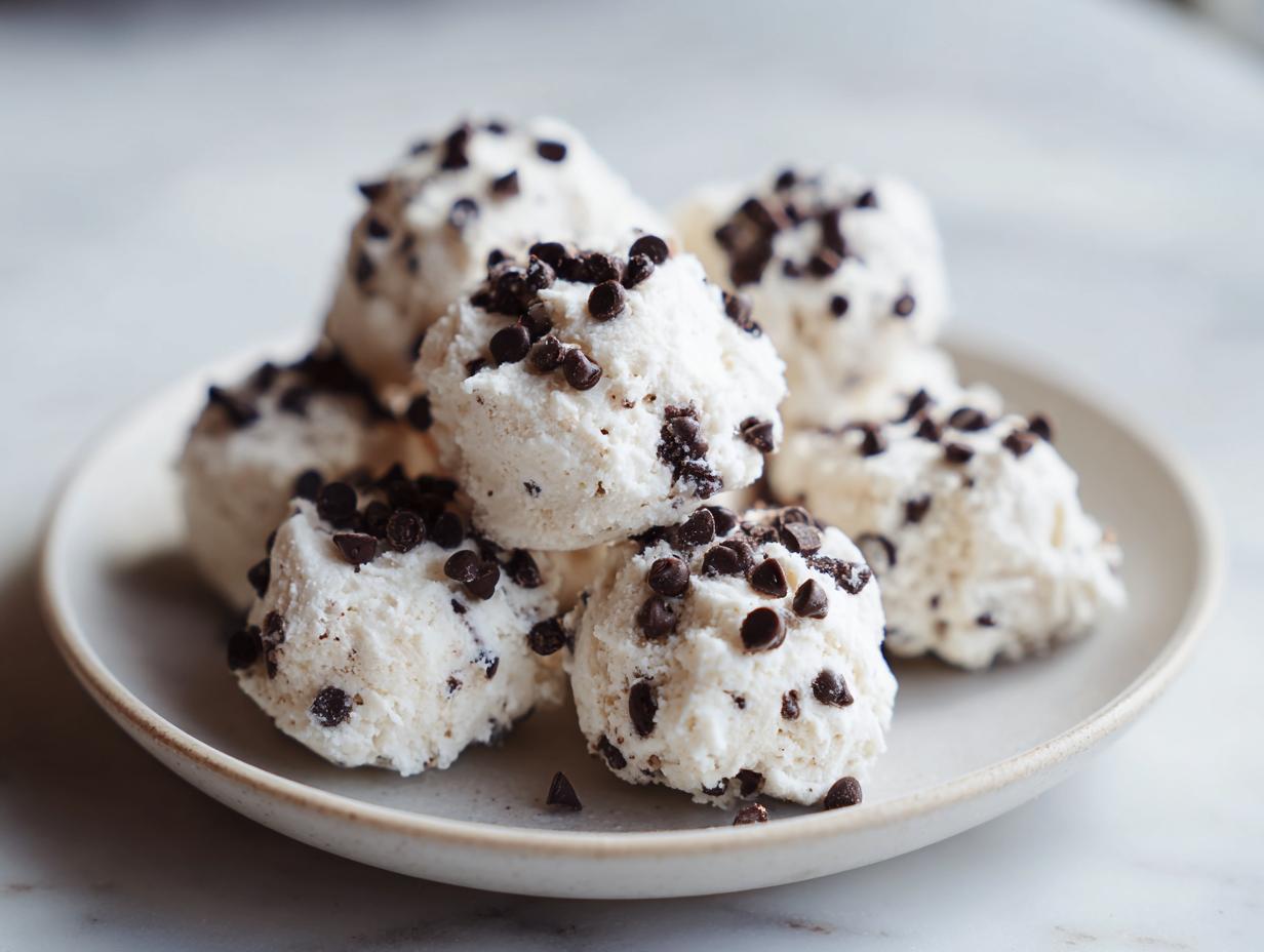 A stack of delicious frozen greek yogurt peanut butter bites topped with mini chocolate chips on a light plate.