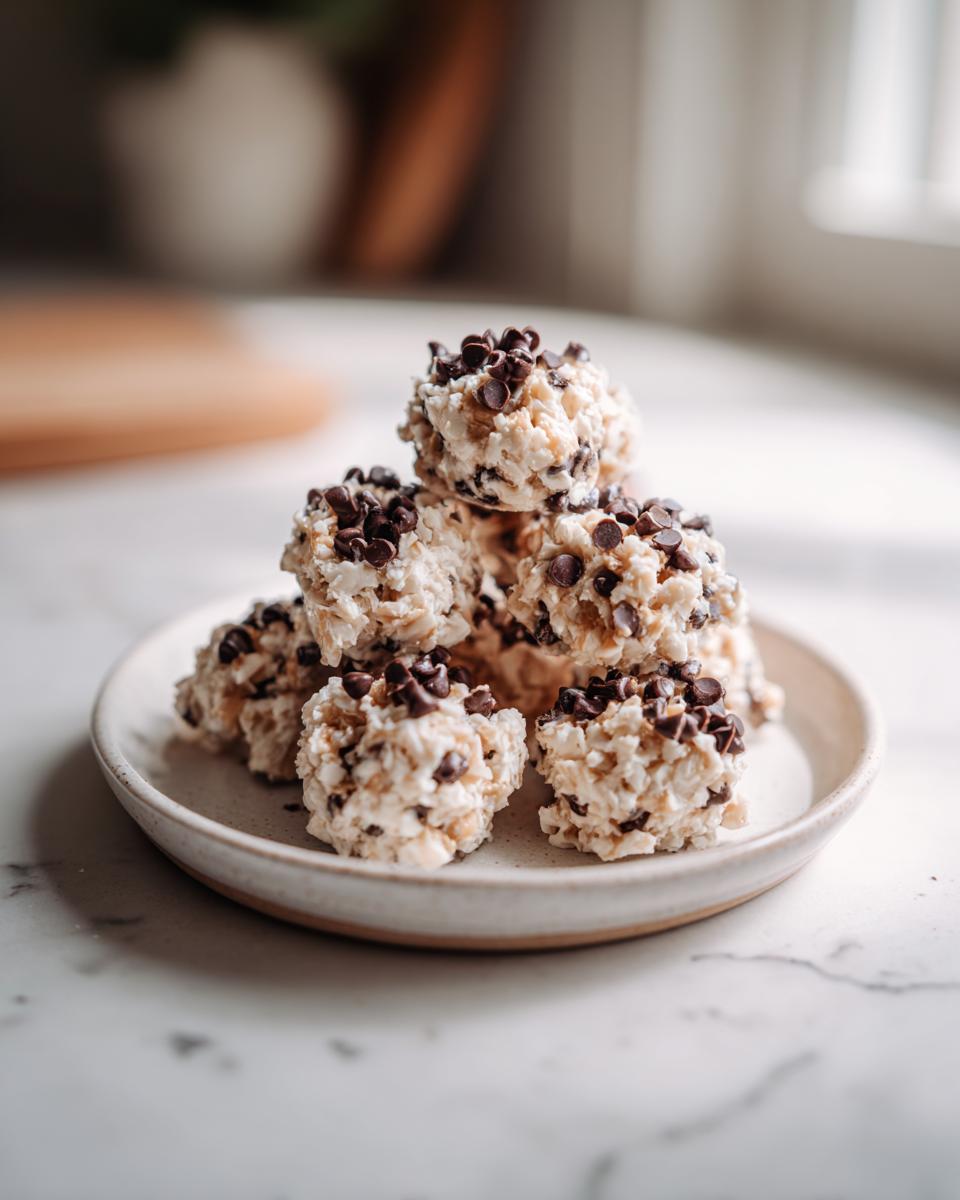 A stack of frozen greek yogurt peanut butter bites topped generously with mini chocolate chips, resting on a small plate.