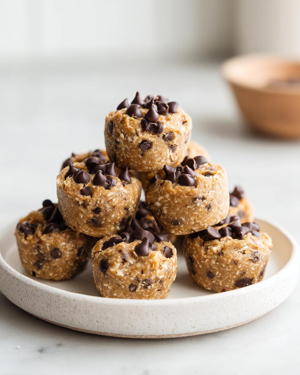 A stack of homemade frozen greek yogurt peanut butter bites topped generously with mini chocolate chips on a light speckled plate.