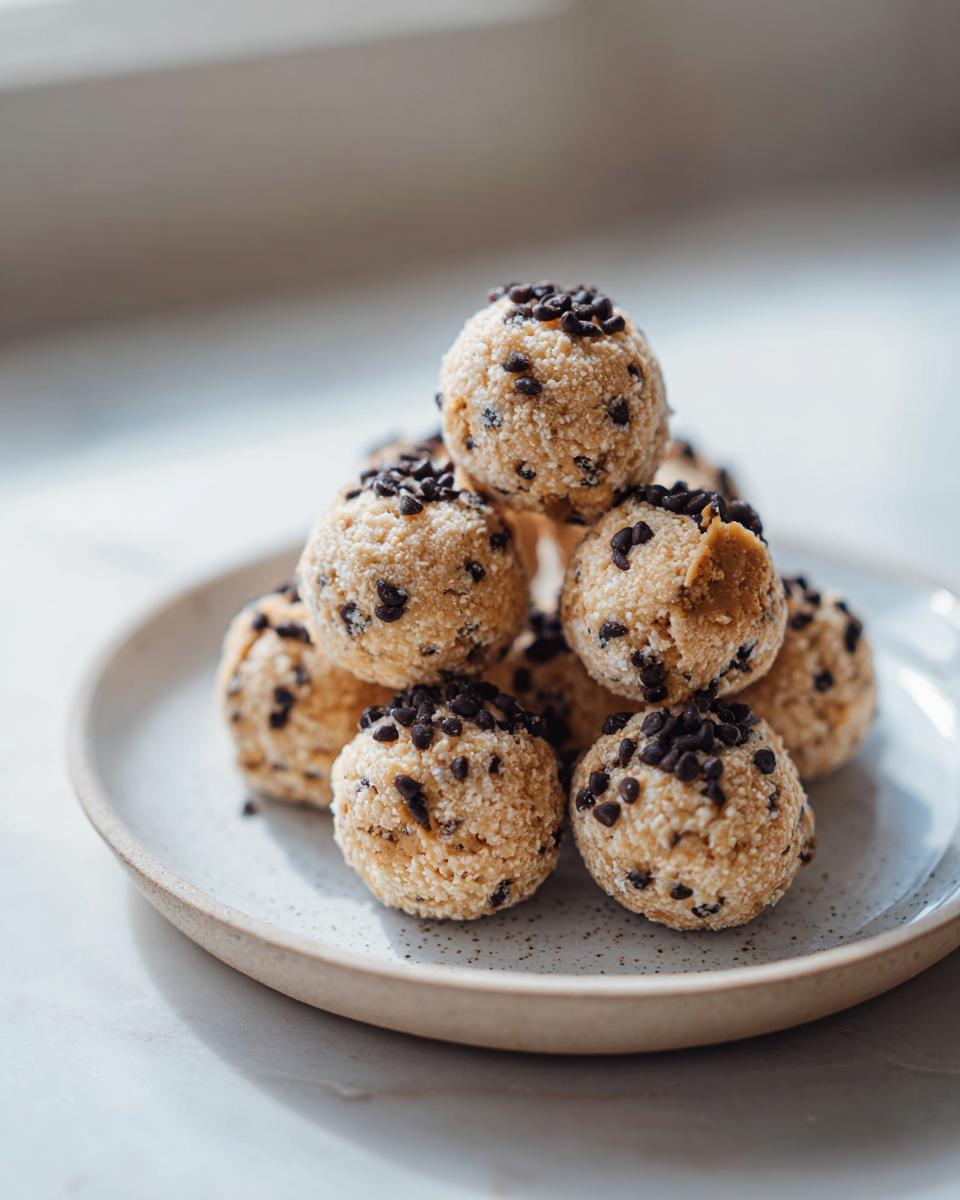 A stack of delicious frozen greek yogurt peanut butter bites topped with mini chocolate chips on a speckled plate.