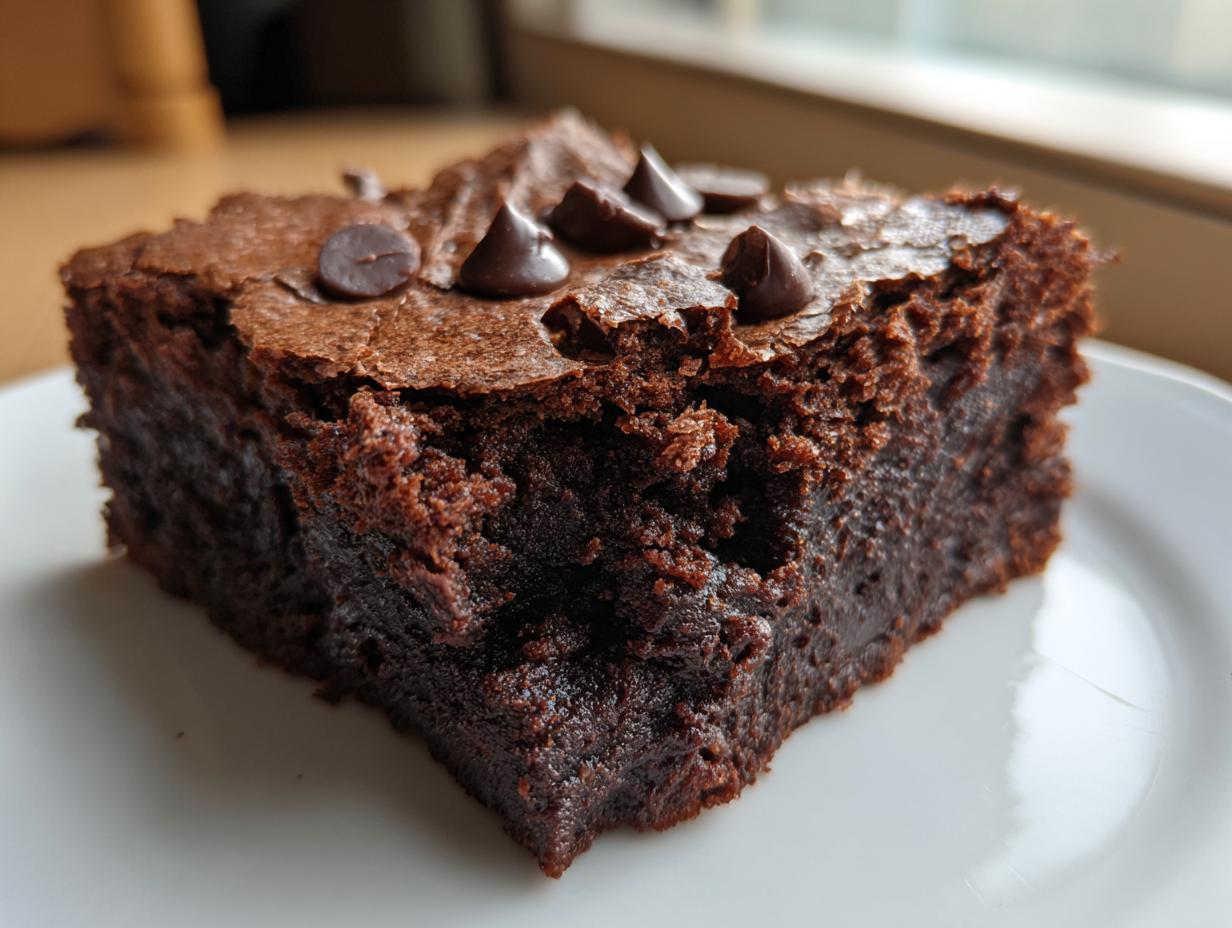 Close-up of a thick, fudgy slice of date brownies with a crackly top and chocolate chips.