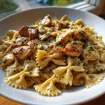 Close-up of garlic butter chicken with bowtie pasta tossed in a creamy sauce and garnished with parsley.