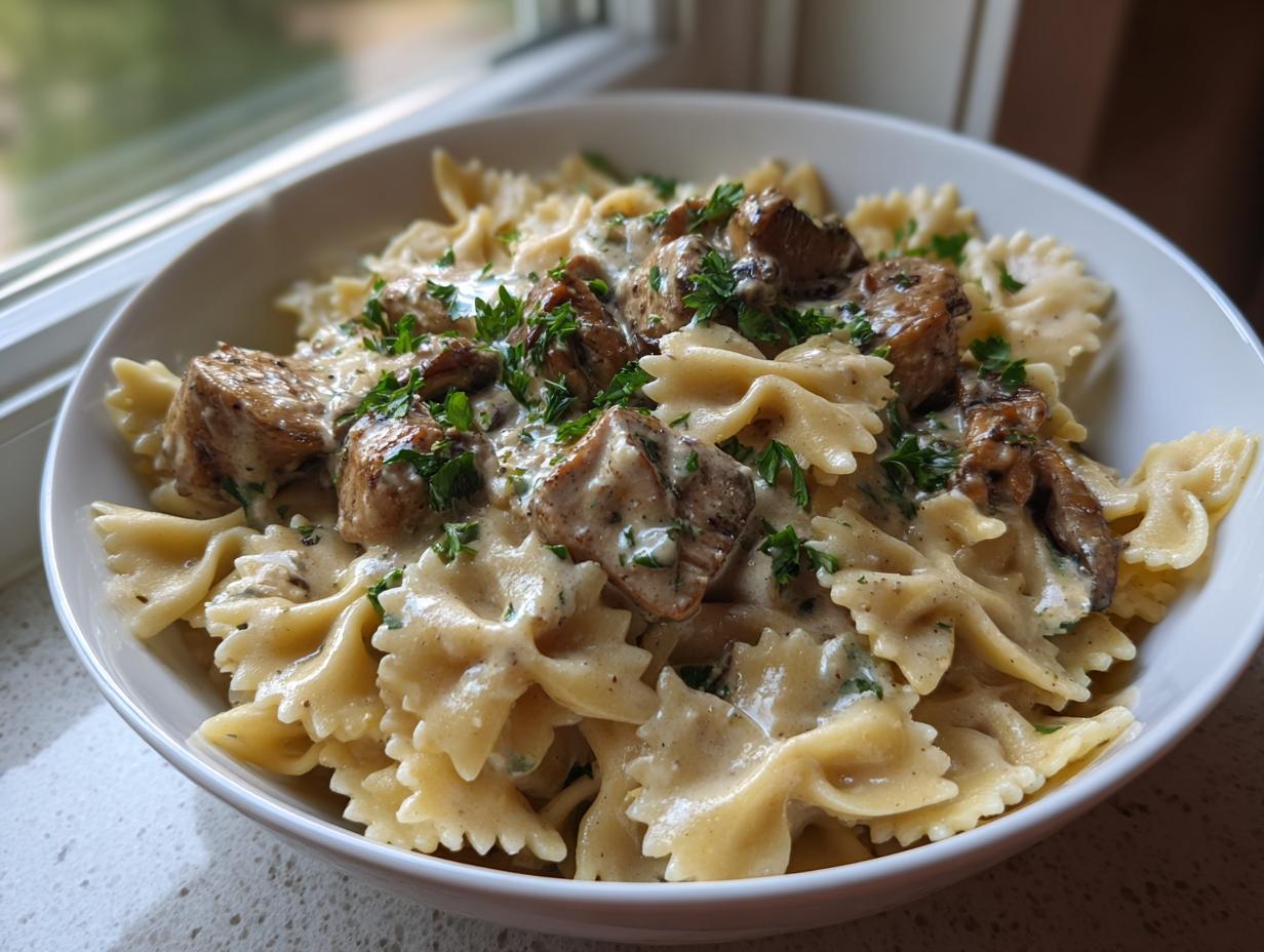 Close-up of a white bowl filled with garlic butter chicken with bowtie pasta coated in a creamy sauce and garnished with parsley.