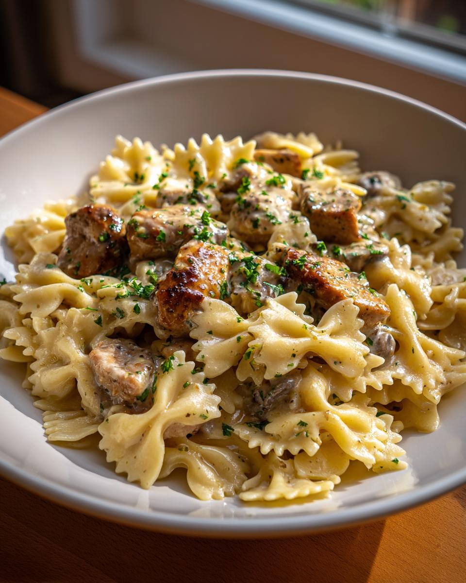 Close-up of creamy garlic butter chicken with bowtie pasta, garnished with fresh parsley.