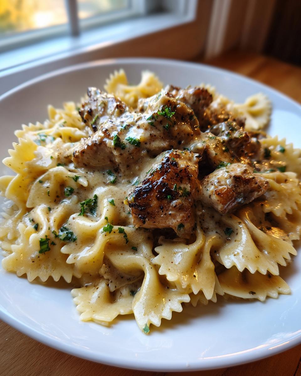 Close-up of creamy garlic butter chicken with bowtie pasta, garnished with parsley.