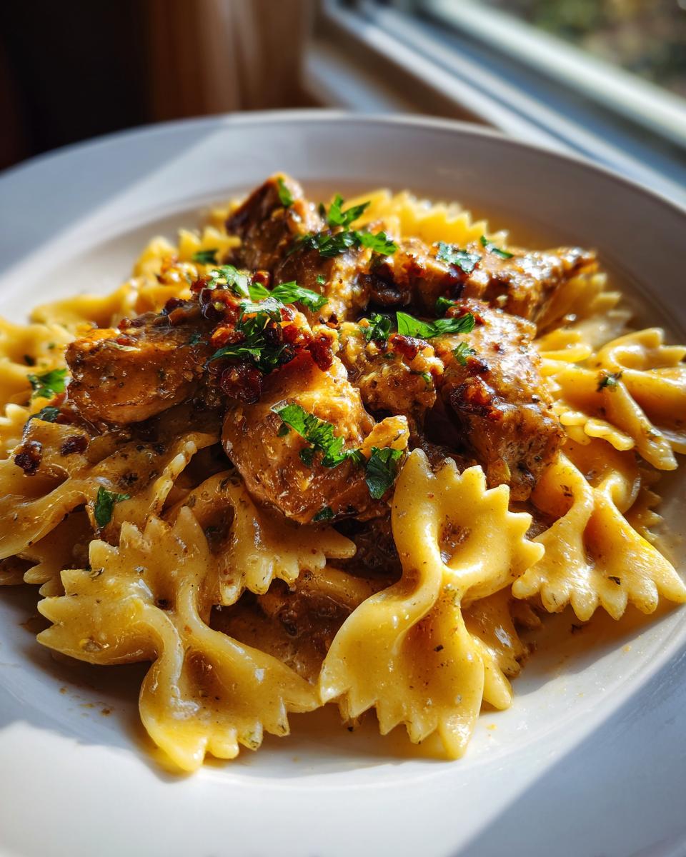 Close-up of delicious garlic butter chicken with bowtie pasta coated in a rich sauce and topped with parsley.