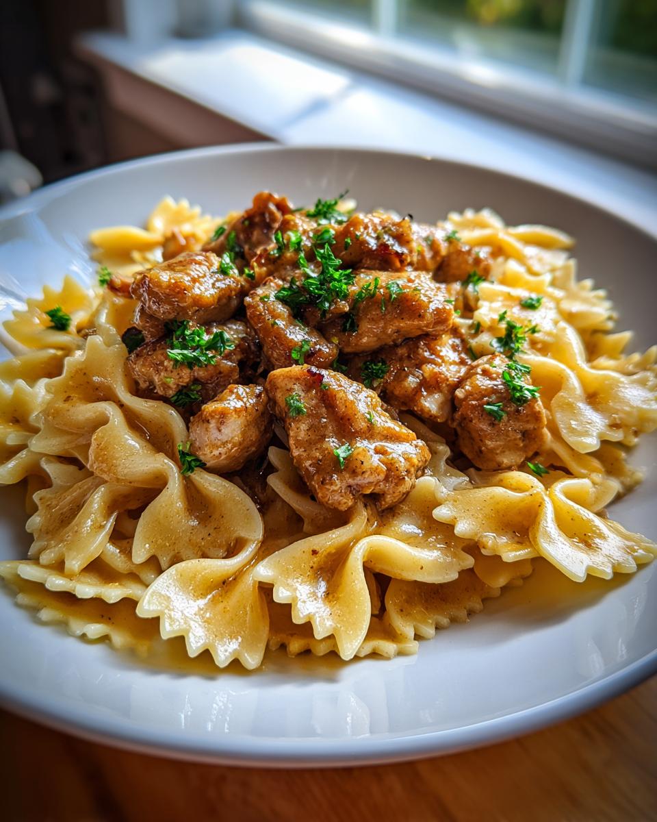 A close-up of garlic butter chicken with bowtie pasta, coated in a rich sauce and garnished with parsley.