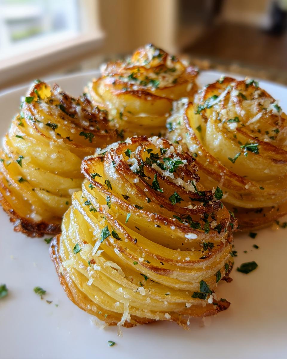 Four beautifully baked Garlic Parmesan Potato Roses, layered and topped with melted cheese and fresh parsley.