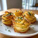 Four beautifully baked Garlic Parmesan Potato Roses, crispy and golden, topped with herbs and cheese.