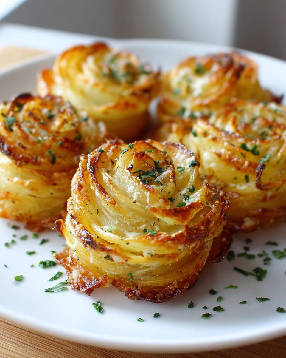 Close-up of several golden-brown Garlic Parmesan Potato Roses, garnished with fresh parsley, served on a white plate.