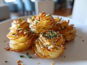Close-up of several perfectly baked Garlic Parmesan Potato Roses, crispy and golden brown, garnished with parsley.