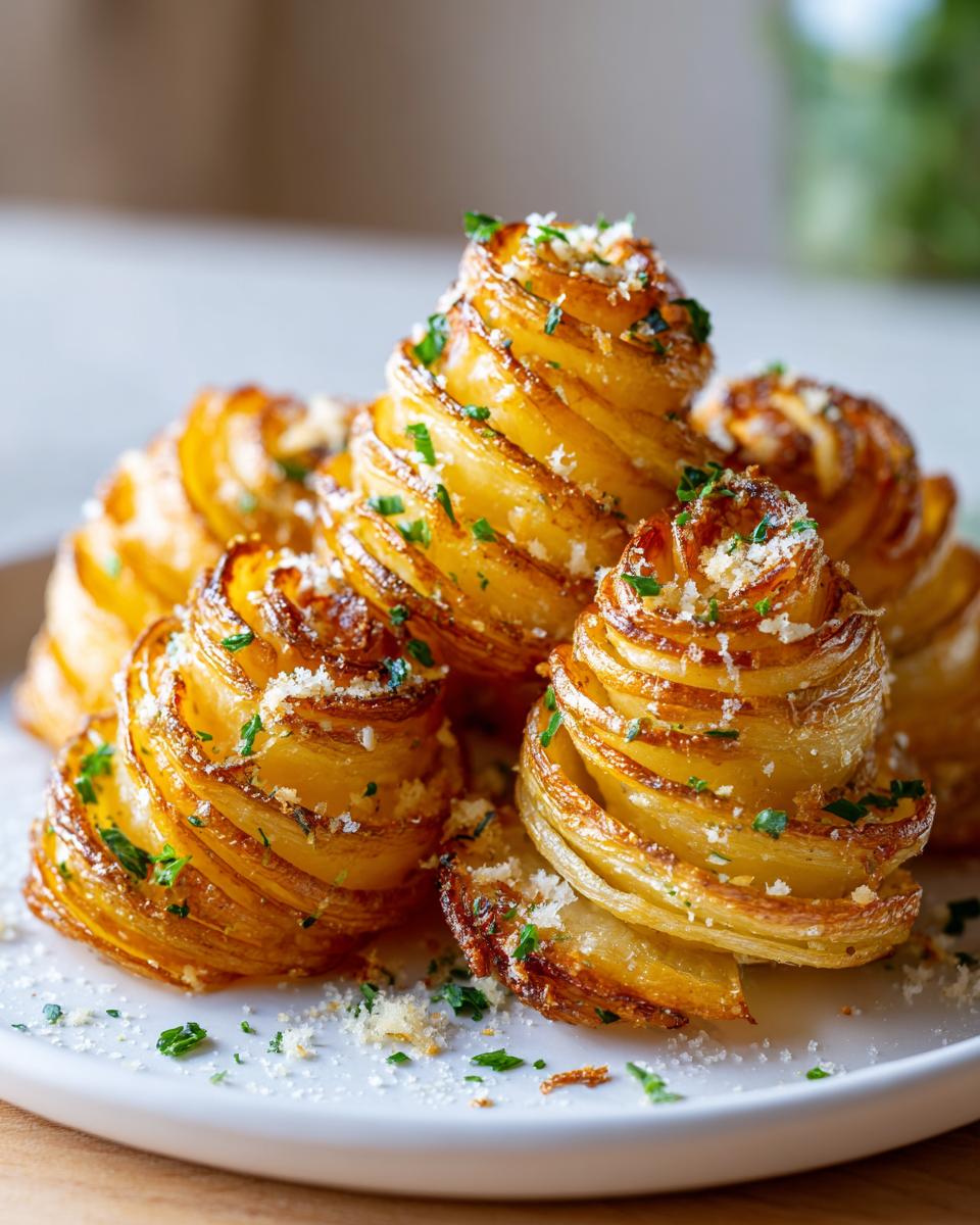 A close-up of several crispy, golden Garlic Parmesan Potato Roses stacked on a white plate, topped with grated cheese and parsley.