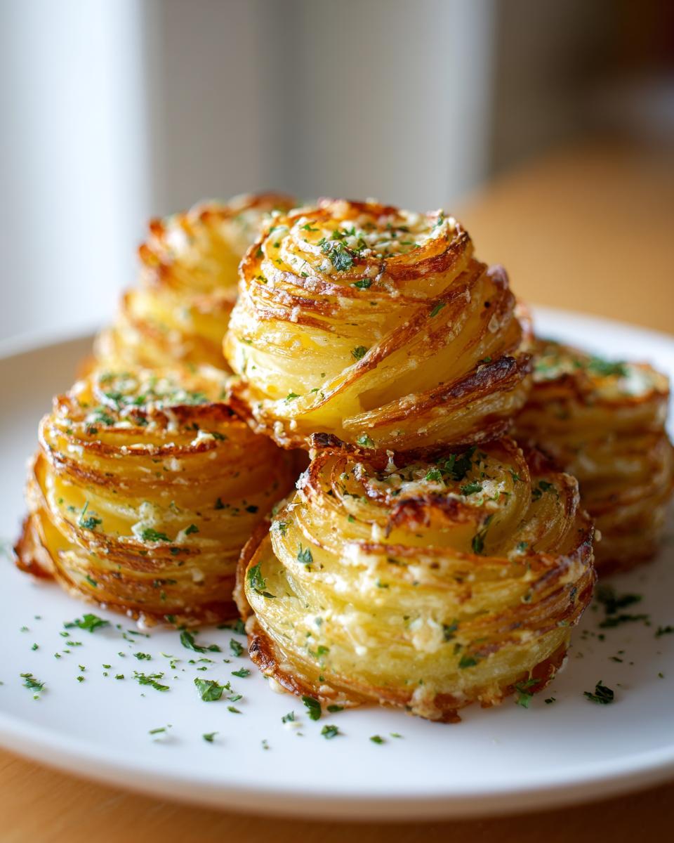 A stack of crispy, layered Garlic Parmesan Potato Roses topped with melted cheese and fresh parsley.