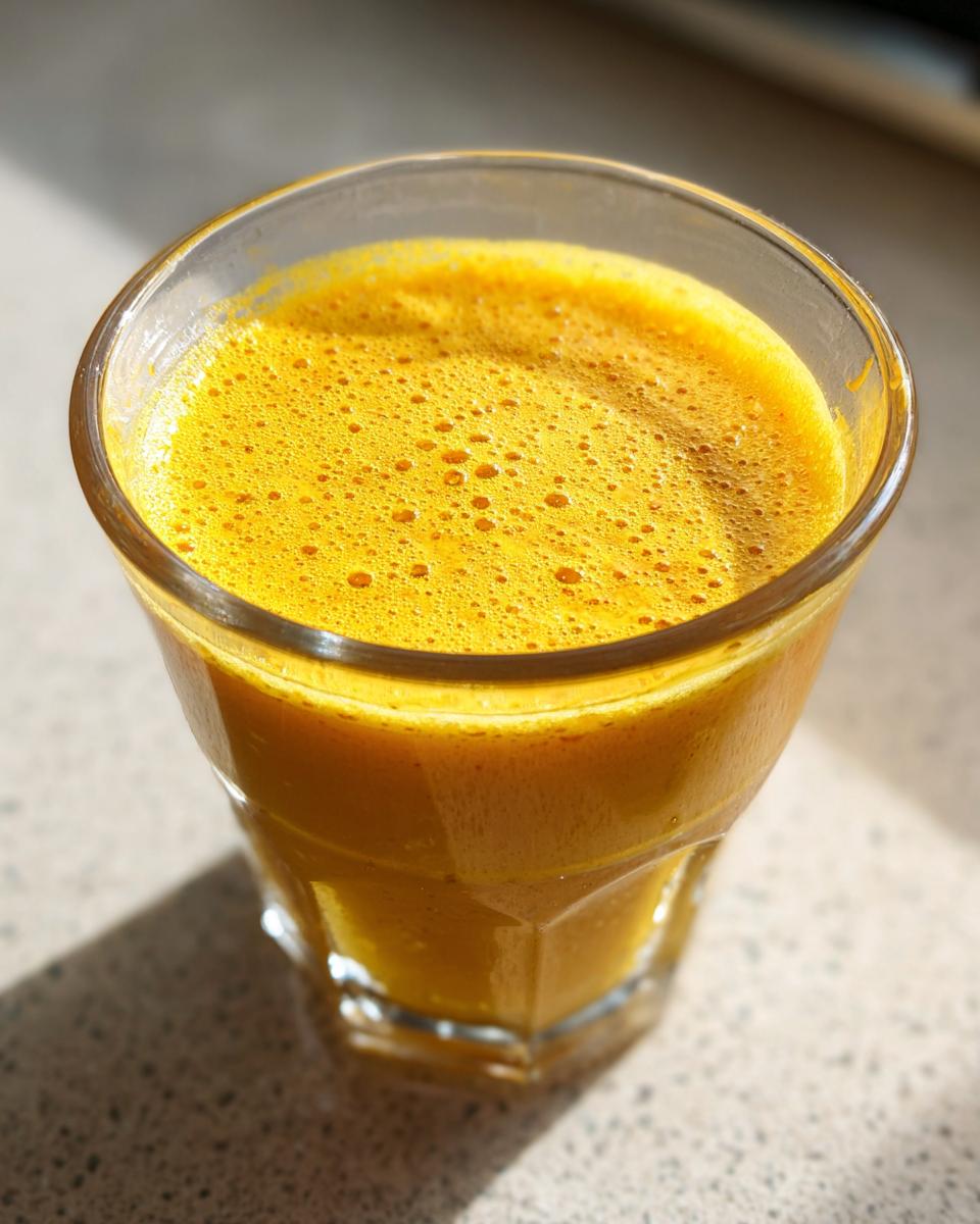 Close-up of a vibrant, foamy Ginger Lemon Turmeric Shot in a clear glass, catching sunlight.