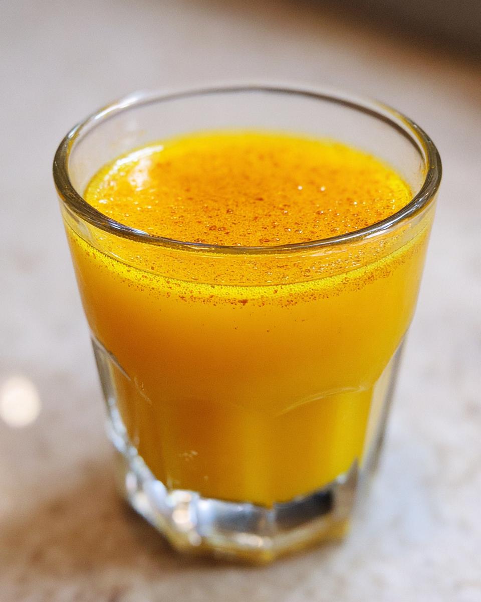 Close-up of a bright orange-yellow Ginger Lemon Turmeric Shot in a small glass, topped with spice dust.