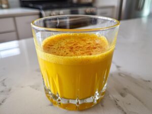A vibrant yellow Ginger Lemon Turmeric Shot with foam and a sprinkle of spice in a clear glass.