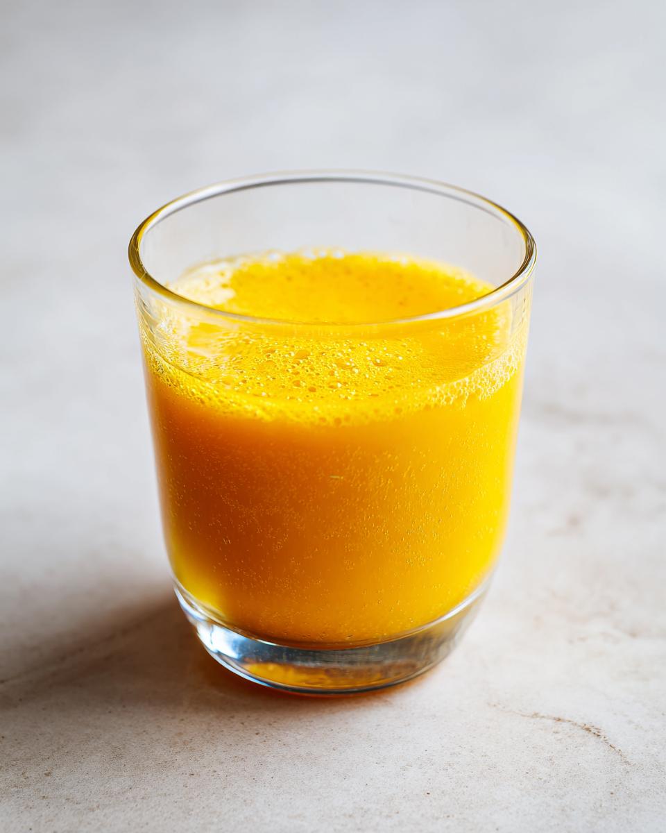 A vibrant, foamy Ginger Lemon Turmeric Shot served in a clear glass on a light countertop.