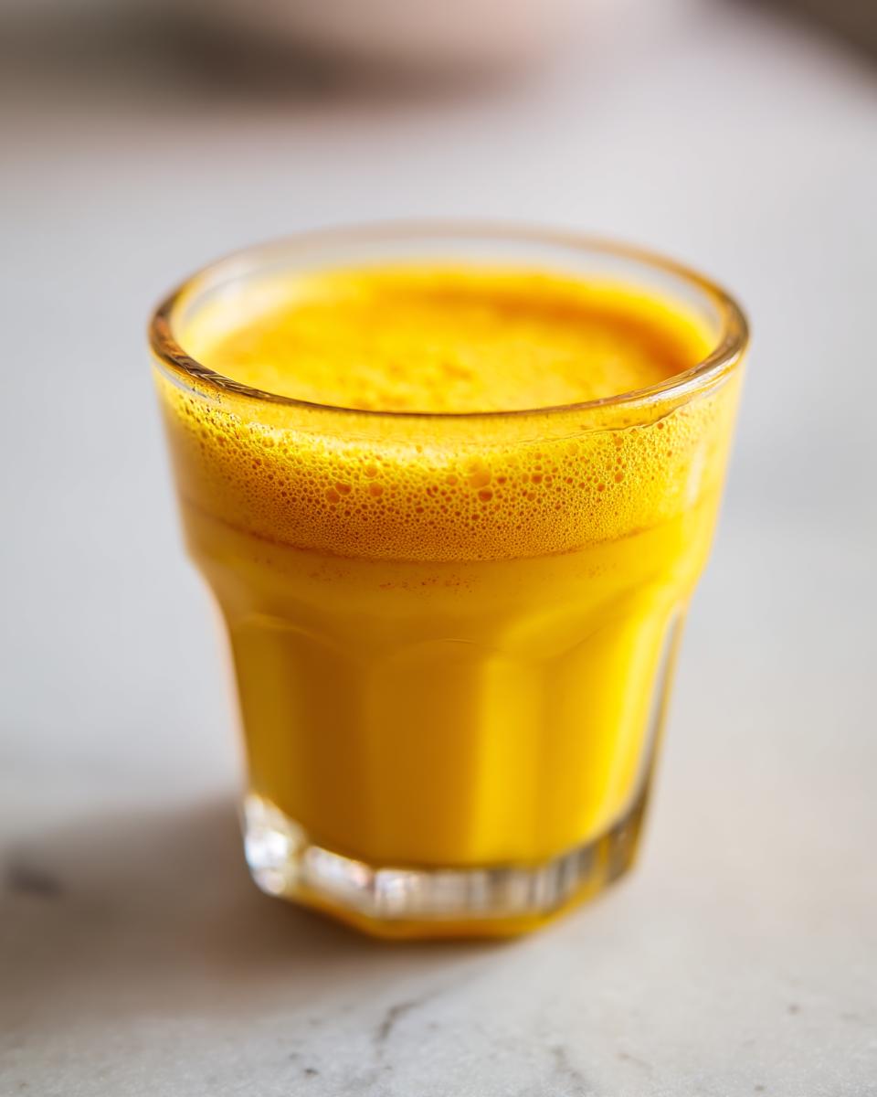 Close-up of a vibrant yellow Ginger Lemon Turmeric Shot with foam on top, served in a small glass.