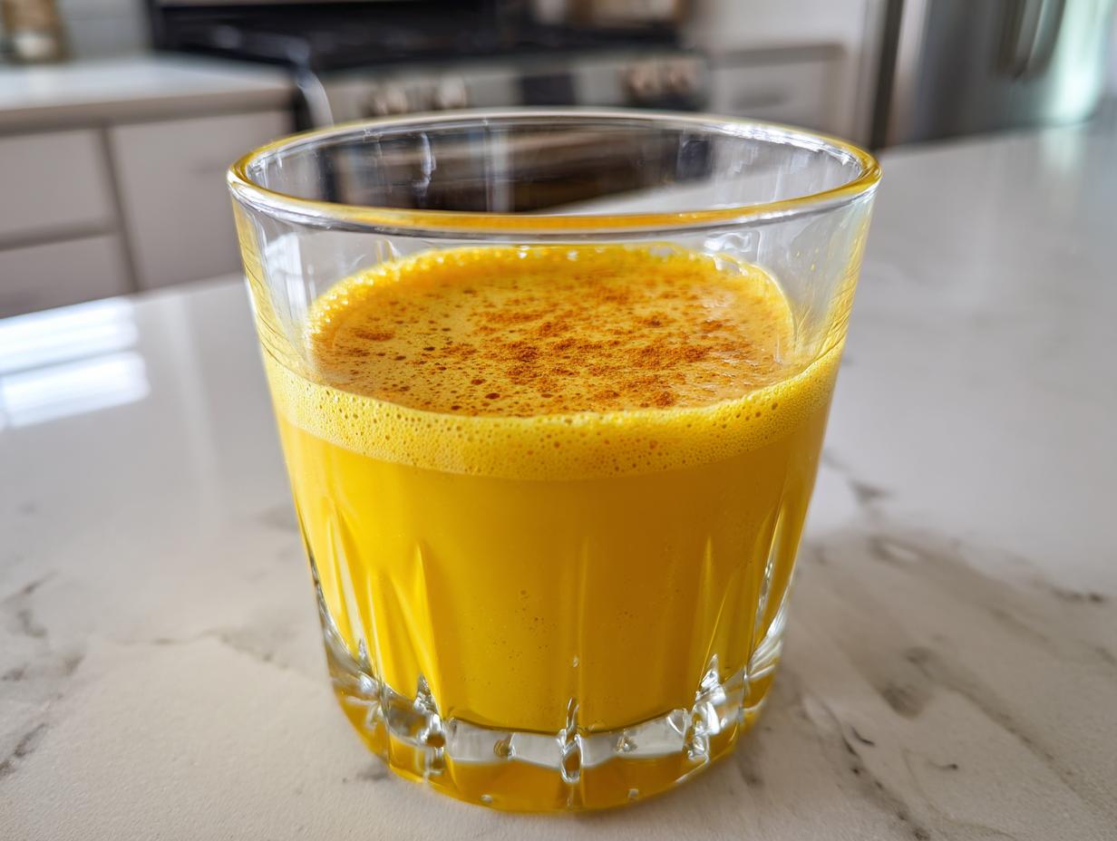A vibrant yellow Ginger Lemon Turmeric Shot with foam and a sprinkle of spice in a clear glass.