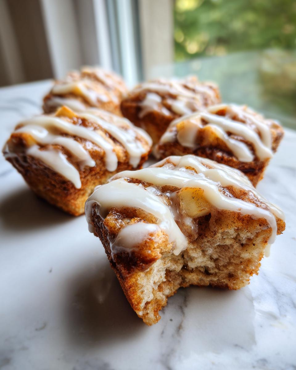Close-up of several glazed apple fritter bites on a marble surface, one having a bite taken out showing the soft interior.