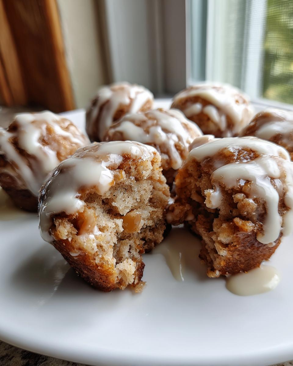 Close-up of several glazed apple fritter bites, one broken open showing the soft interior with apple pieces.