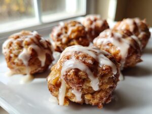 Close-up of several golden brown apple fritter bites drizzled with white vanilla glaze, set against a bright window.
