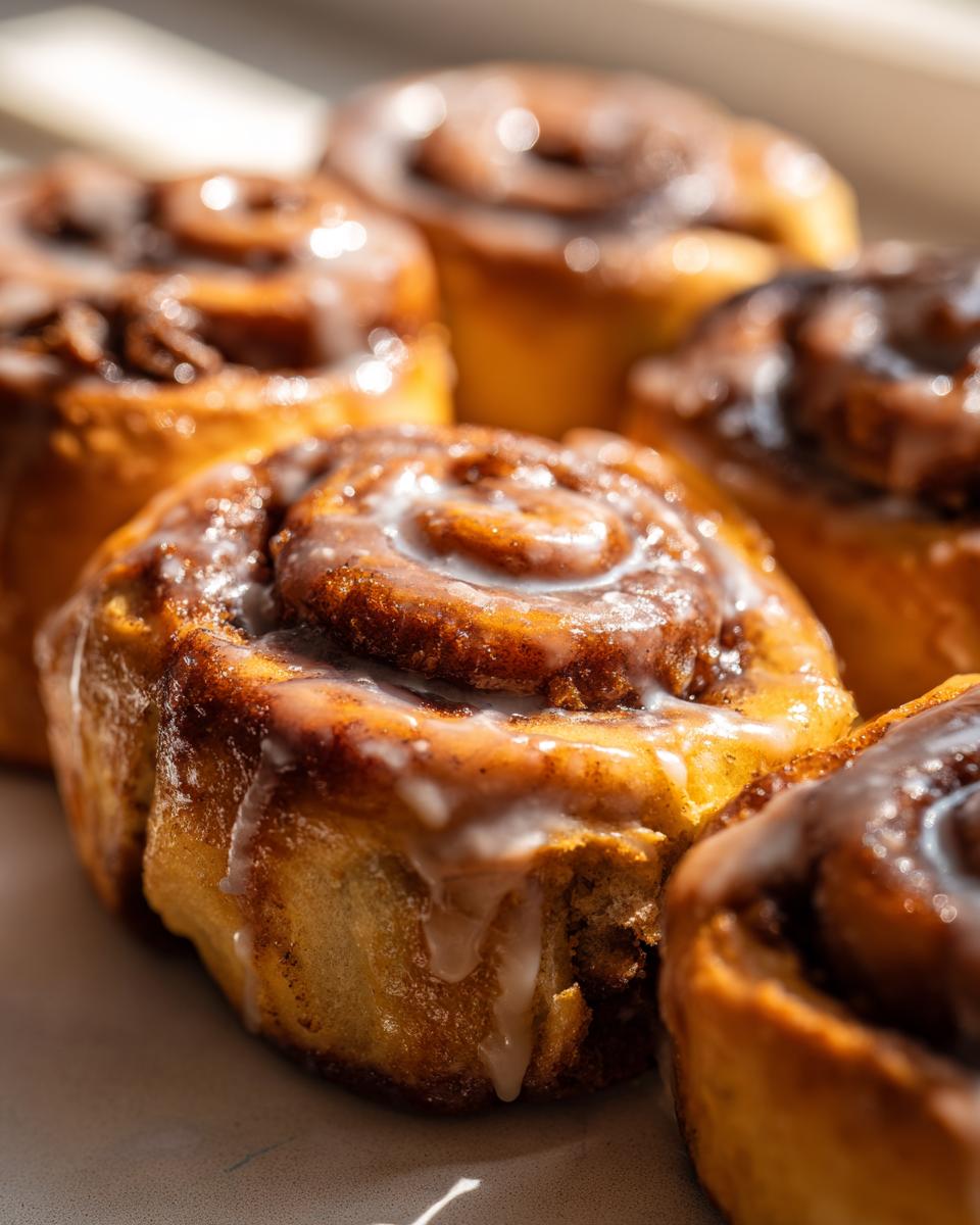 Close-up of several freshly baked banana bread cinnamon rolls drizzled with white glaze.