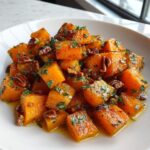 A white bowl filled with glistening, cubed braised butternut squash topped with pecans and fresh parsley.