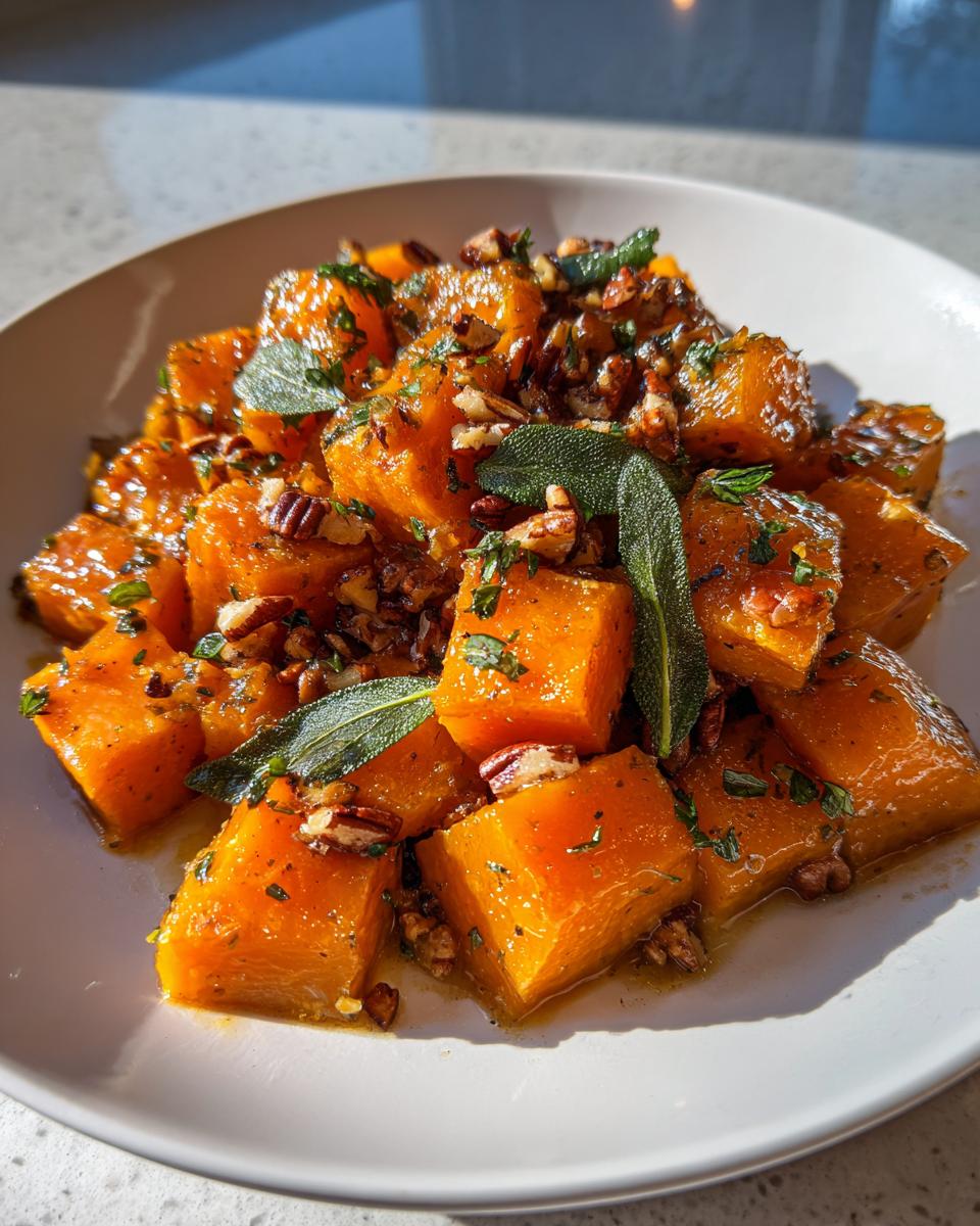 Close-up of perfectly cooked, glazed braised butternut squash cubes topped with chopped pecans and fresh sage leaves.