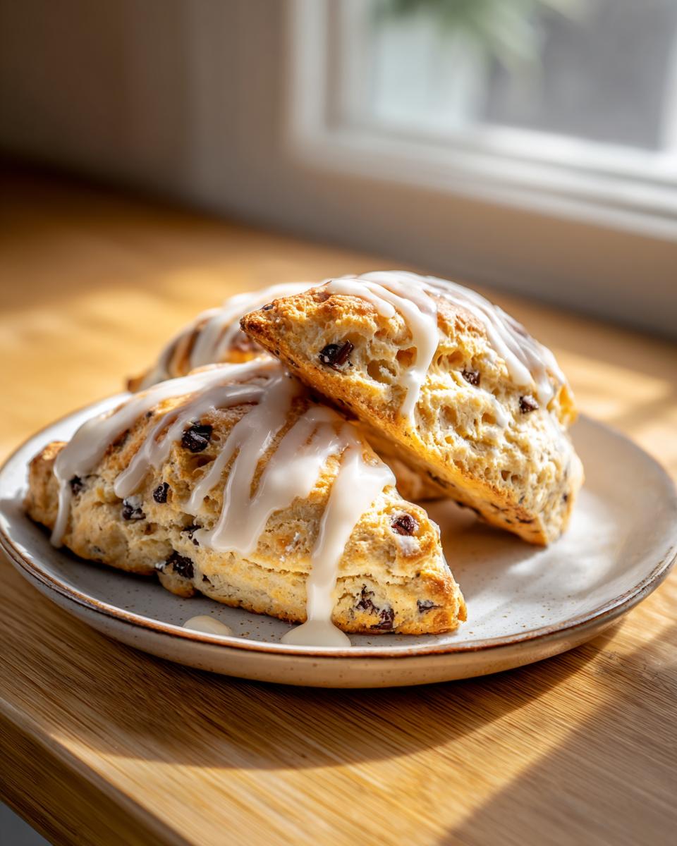 Two freshly baked chocolate chip scones drizzled with white vanilla glaze, resting on a small plate.