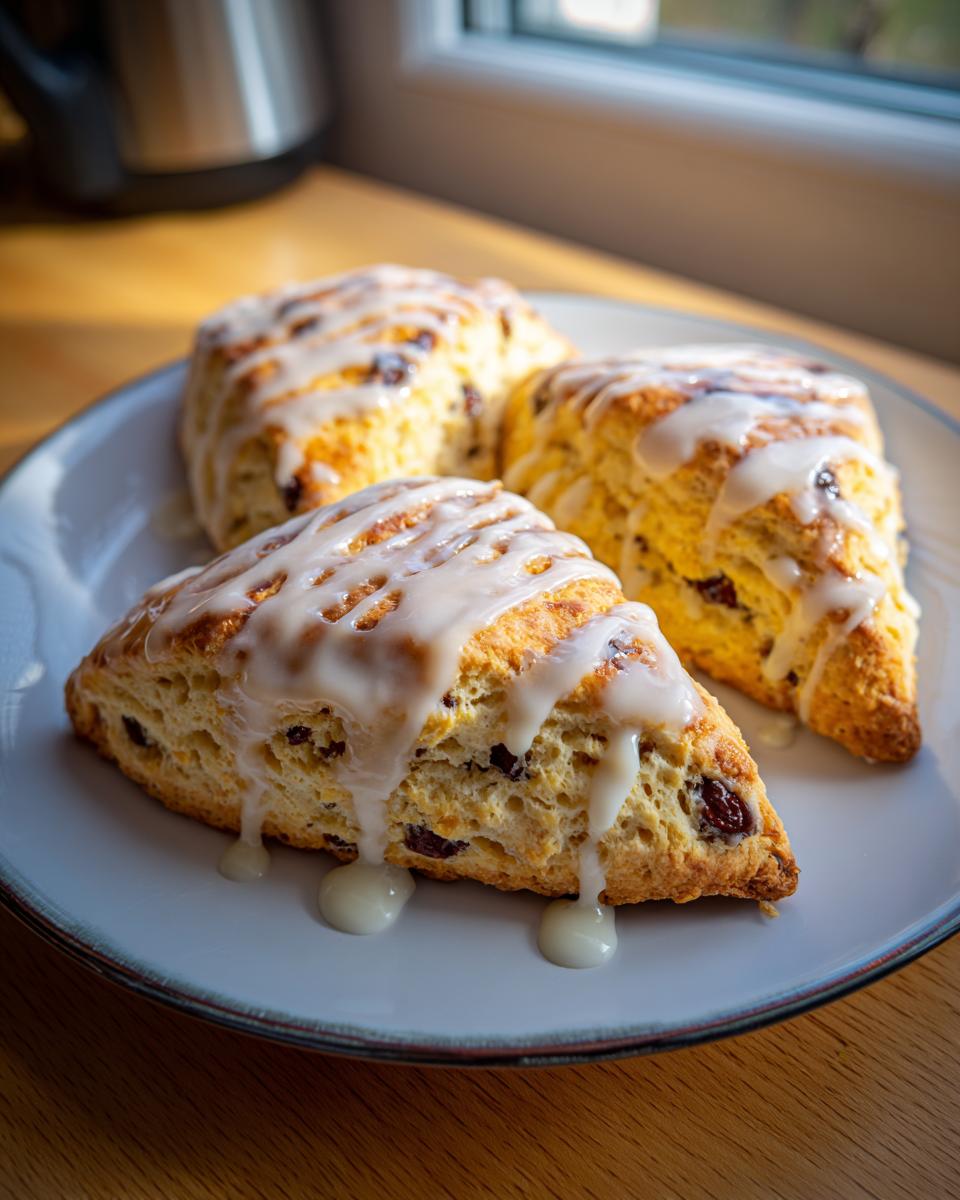Three freshly baked chocolate chip scones drizzled generously with white vanilla glaze, served on a light blue plate.