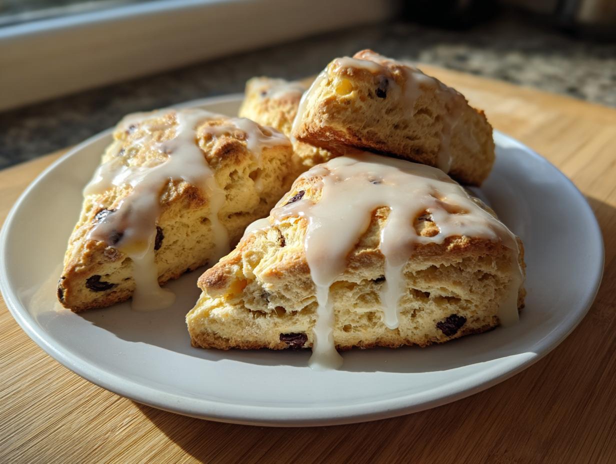 Four triangular chocolate chip scones drizzled with white glaze, served on a white plate.