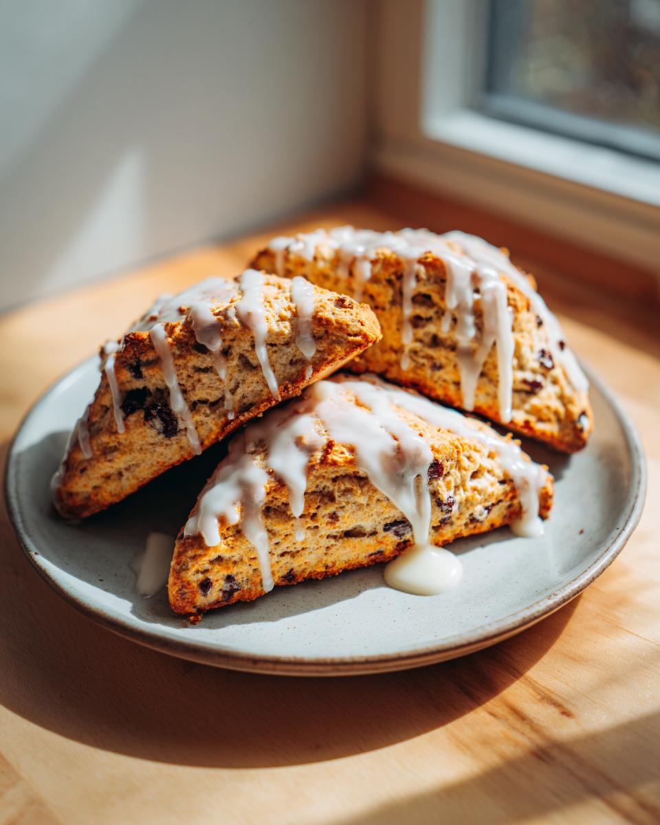 Three triangular chocolate chip scones drizzled generously with white vanilla glaze, sitting on a light gray plate.