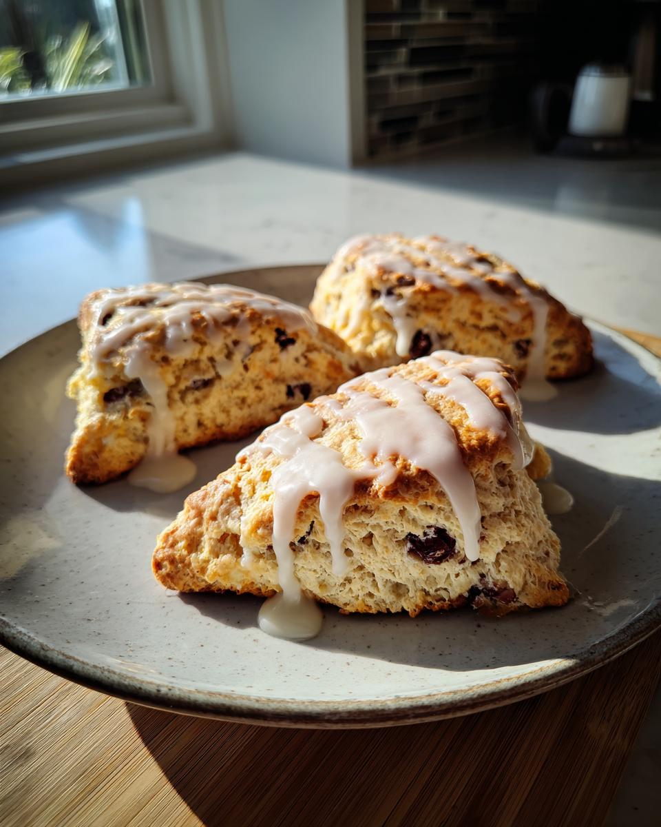 Three freshly baked chocolate chip scones drizzled with white glaze, sitting on a speckled plate in bright sunlight.