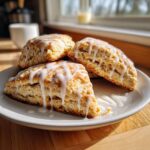 Three freshly baked chocolate chip scones drizzled with white vanilla glaze, stacked on a white plate.