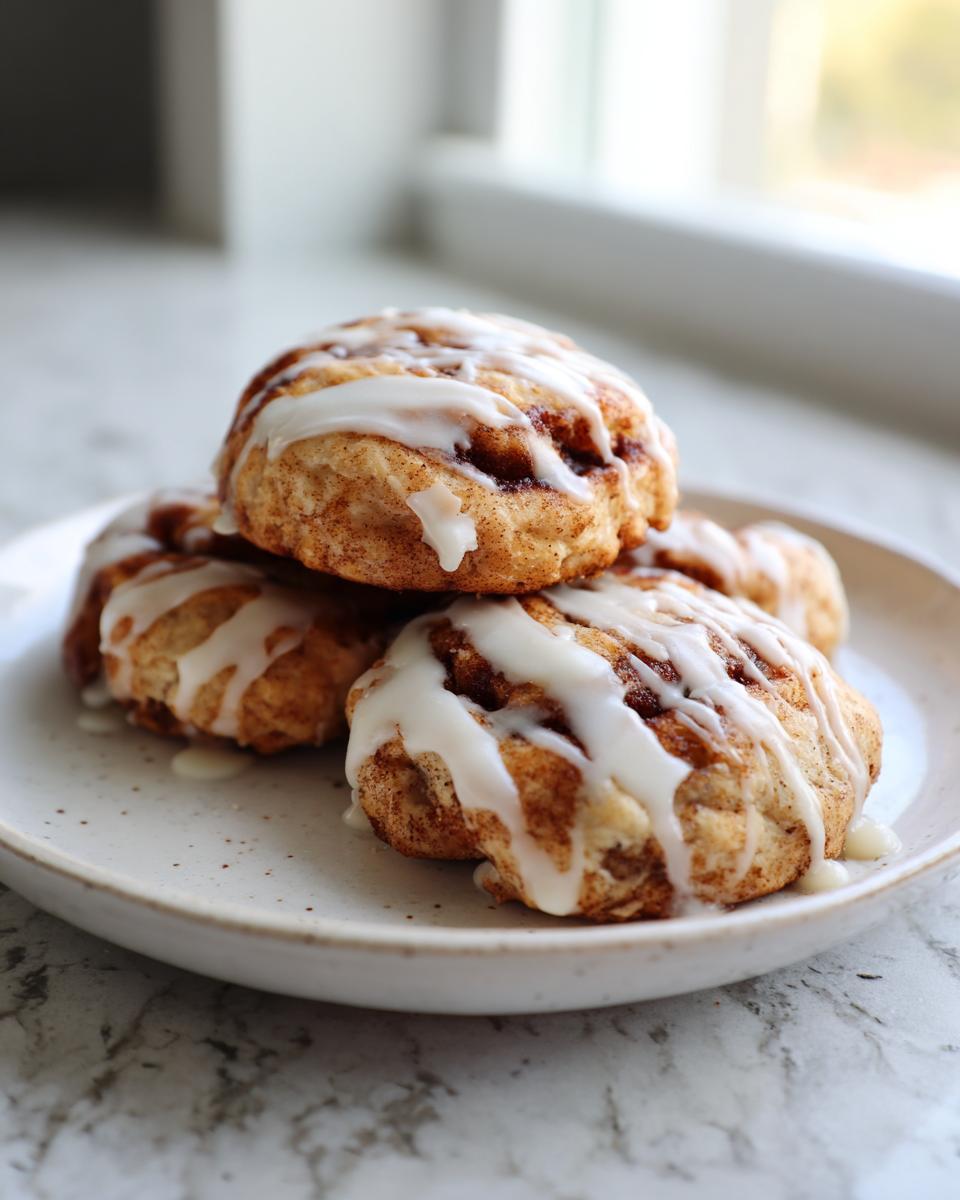 A stack of three freshly baked cinnamon roll cookies generously drizzled with white icing.