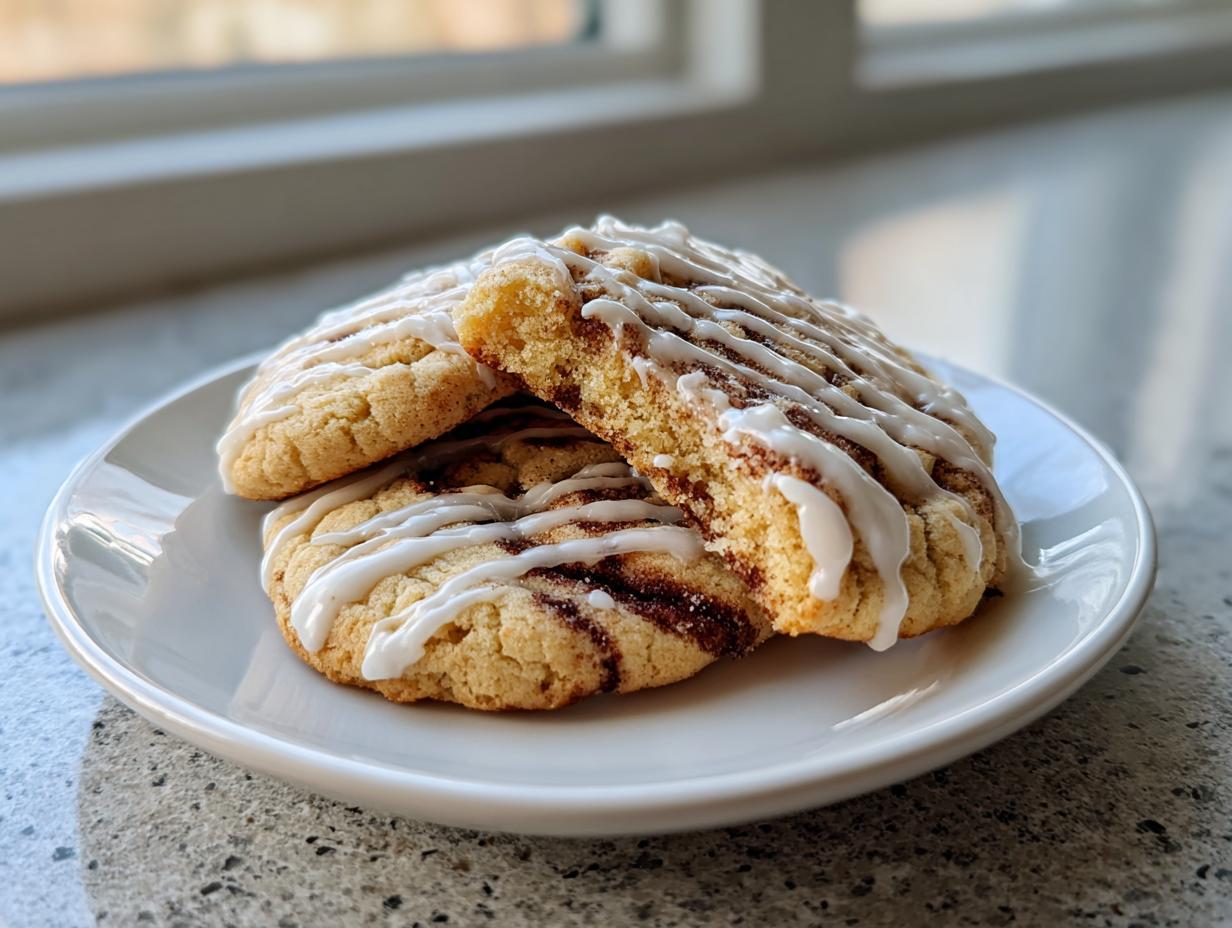 Three soft cinnamon roll cookies stacked on a white plate, drizzled heavily with white icing.
