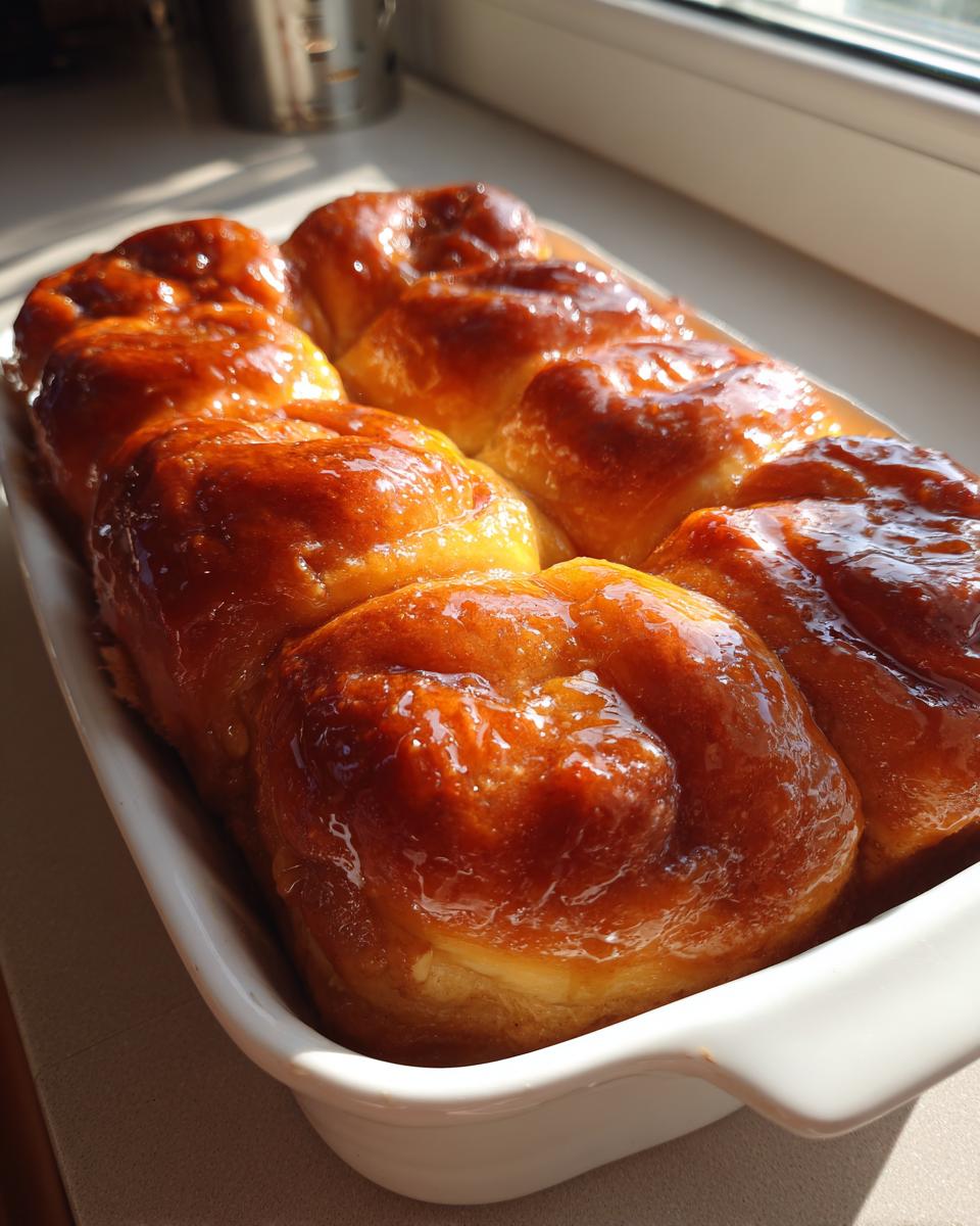 Close-up of freshly baked, glossy milk bread honey buns soaking in a sweet glaze inside a white ceramic dish.